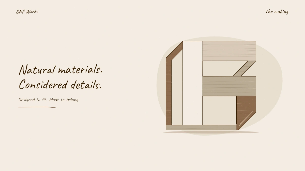 Hand-drawn BNP logo cabinet in cognac, beige and bronze timber tones on warm ivory paper