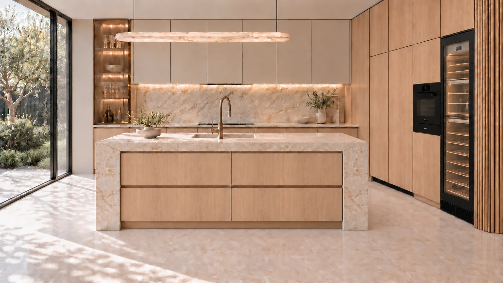 Natural oak and stone