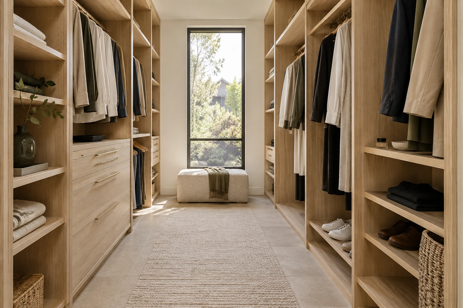 Natural oak walk-in wardrobe with hanging and drawer storage