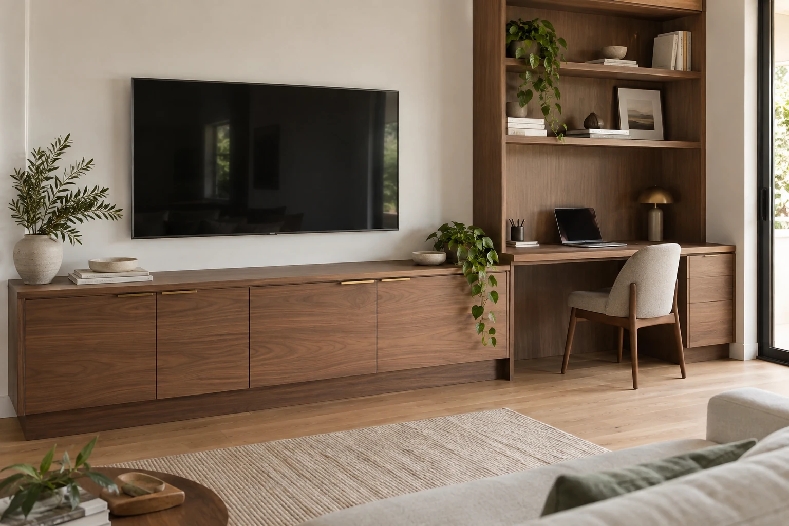Walnut TV cabinetry with an integrated home office